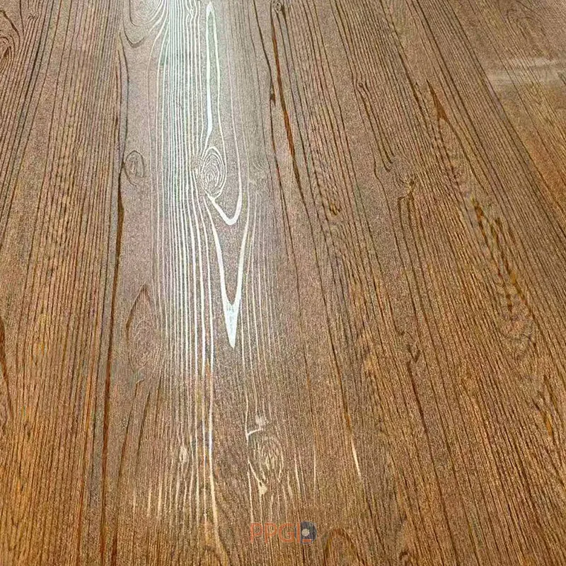 Close-up texture of 3D Textured Wood Grain Steel Coil pattern on PPGI steel sheet