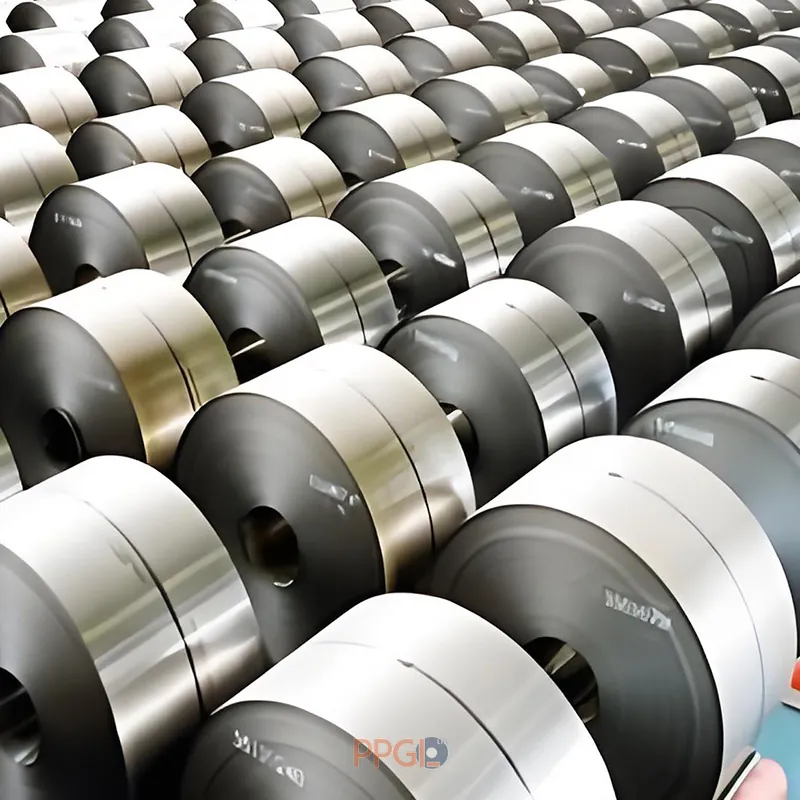 High quality galvalume steel coils neatly stacked in factory warehouse