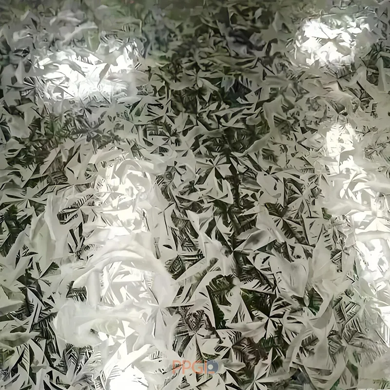 Close up of big spangle galvanized steel sheet showing distinctive crystal zinc flower pattern