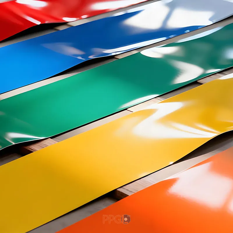 Colorful prepainted aluminum strip coils laid out in factory workshop