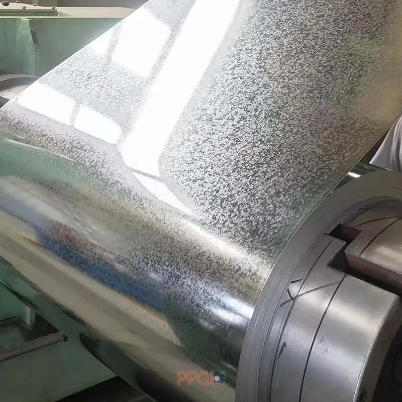 Full hard galvanized steel coil being processed on uncoiler machine in factory