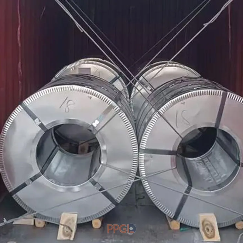 Galvalume steel coils loaded and reinforced with steel wire ropes inside shipping container