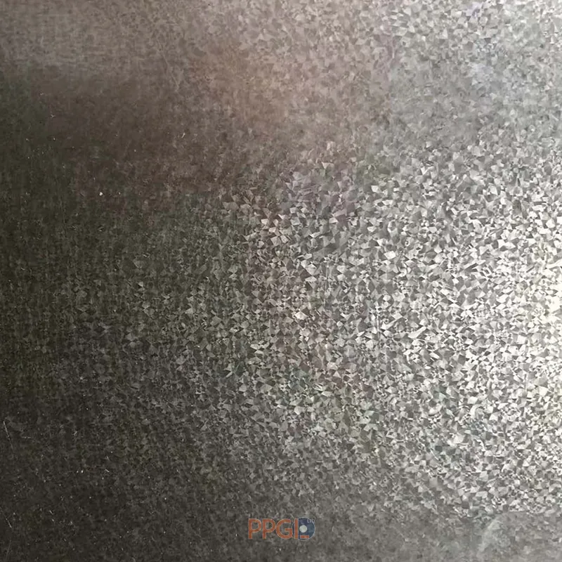 Close up detail of galvalume steel sheet showing aluzinc spangle pattern