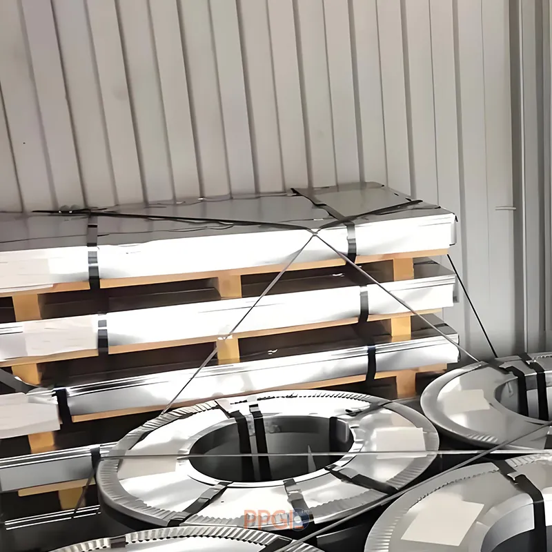 Bundles of galvanized roofing sheets loaded and secured inside shipping container