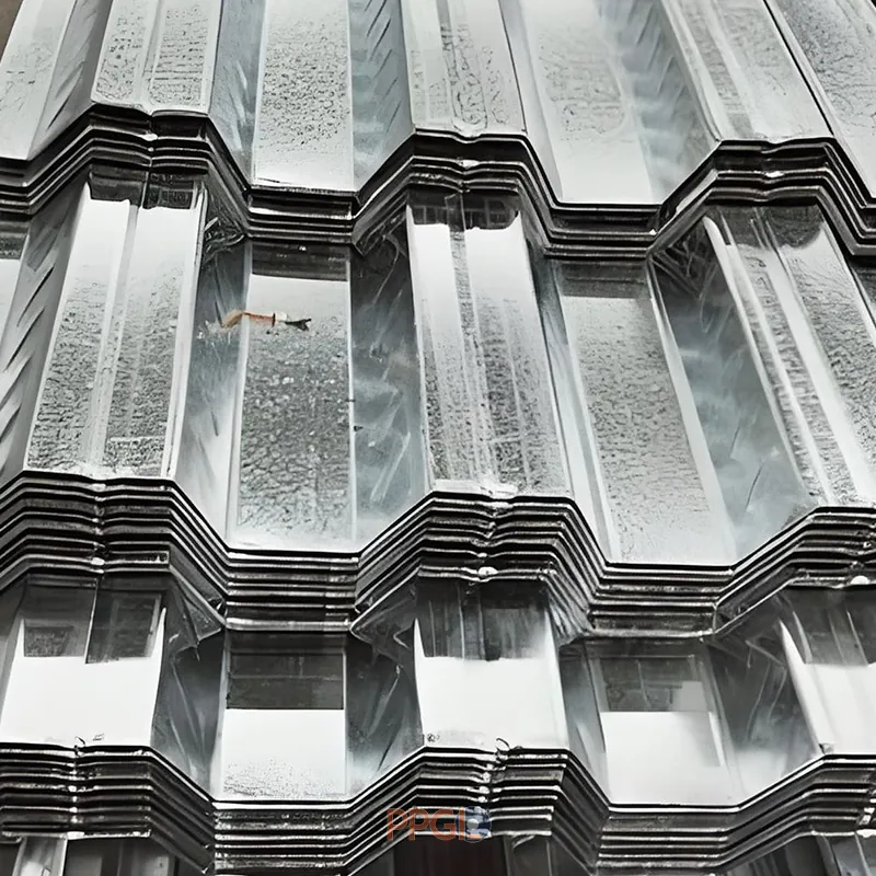 Galvanized steel step tile roofing sheets stacked in warehouse
