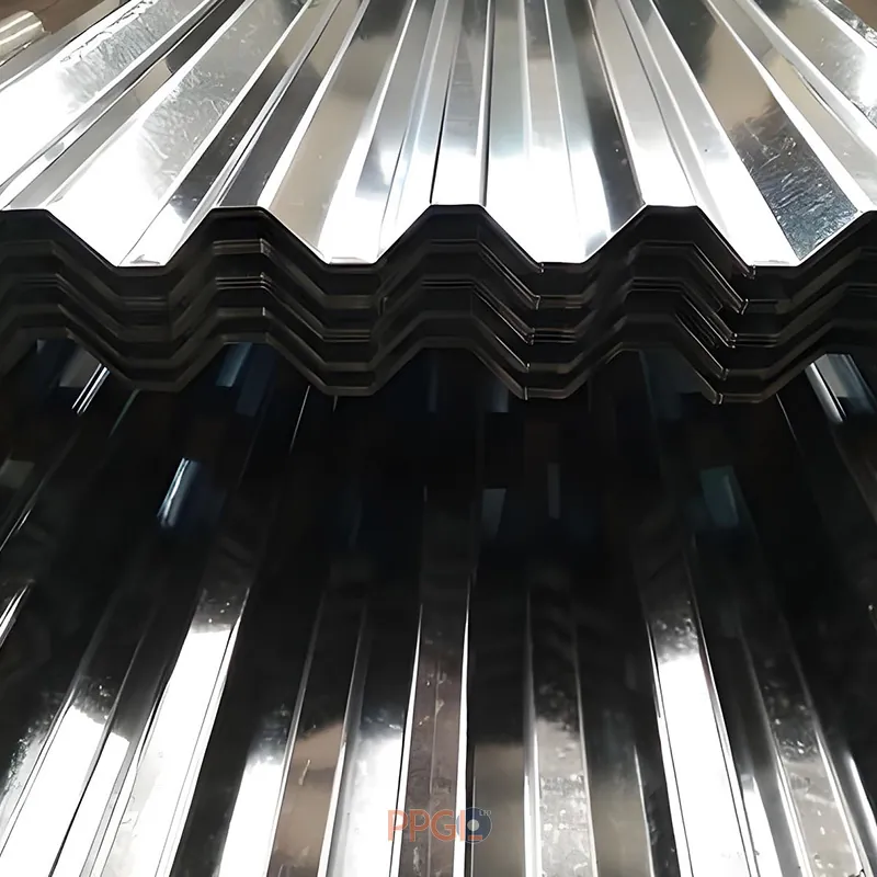 Stack of galvanized trapezoidal roofing sheets with IBR profile