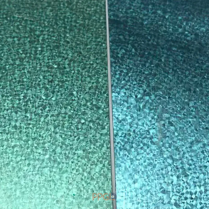 Green and blue anti fingerprint galvalume steel sheet surface texture comparison