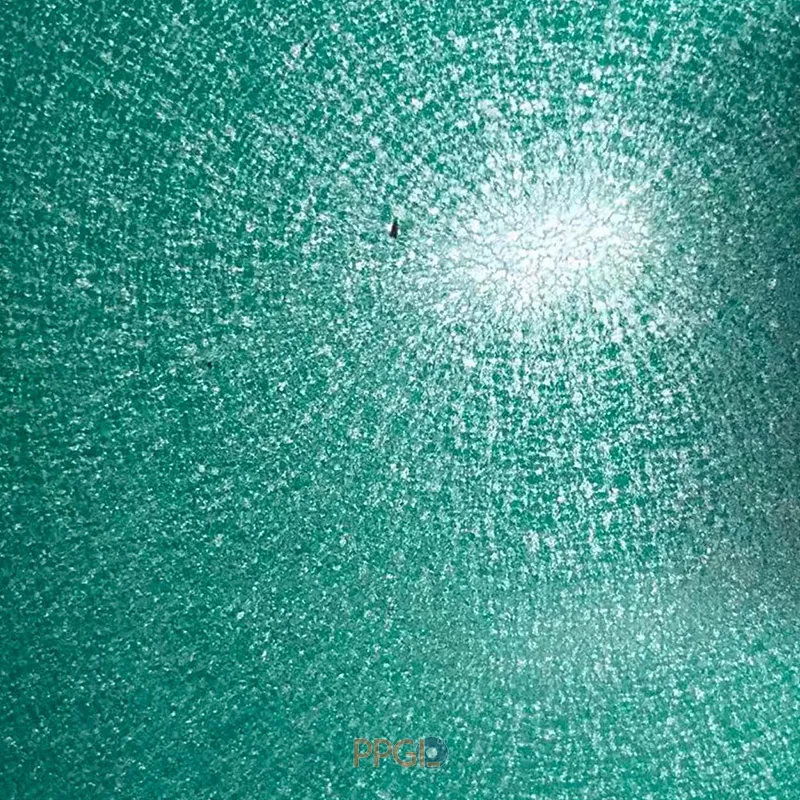 Green textured matt wrinkle ppgi steel sheet surface under bright light