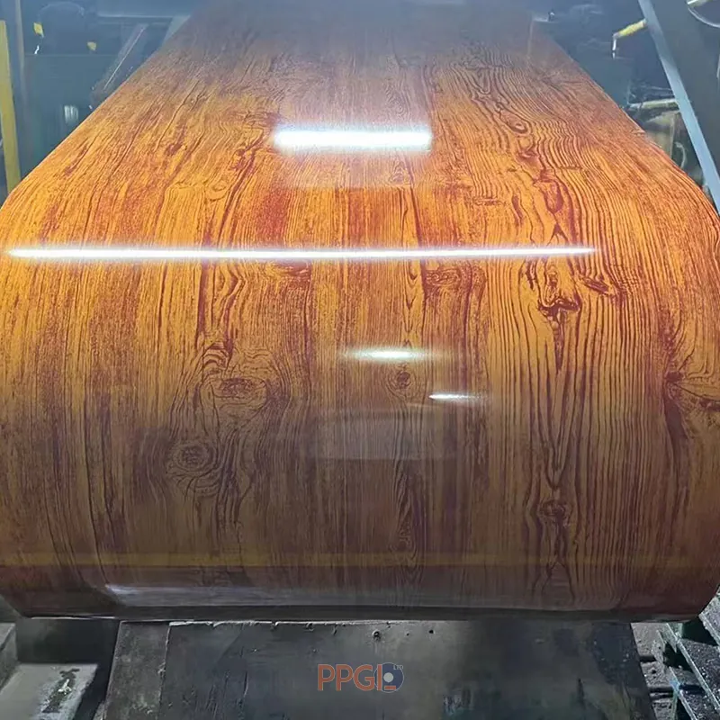 High gloss mahogany wood grain pattern PPGI steel coil on production line