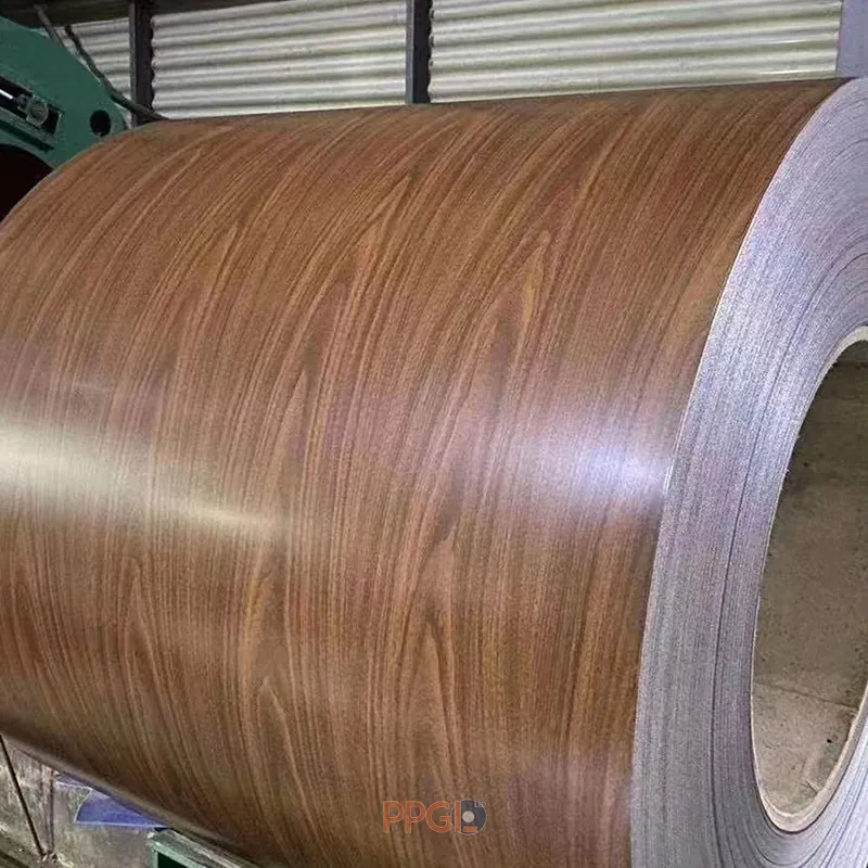 Rolled matte dark teak wood grain PPGI steel coil with textured surface