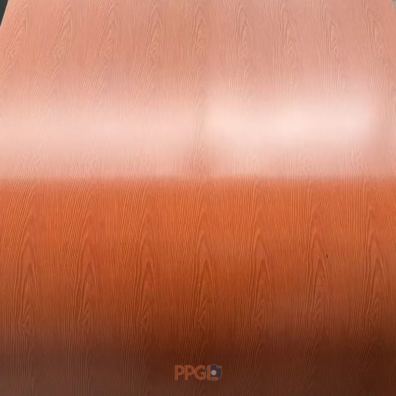 Matte red pear wood grain pattern PPGI steel coil on production line