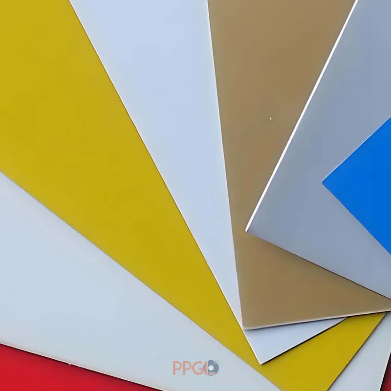 Fan shaped arrangement of multi color ppau aluminum sheet samples