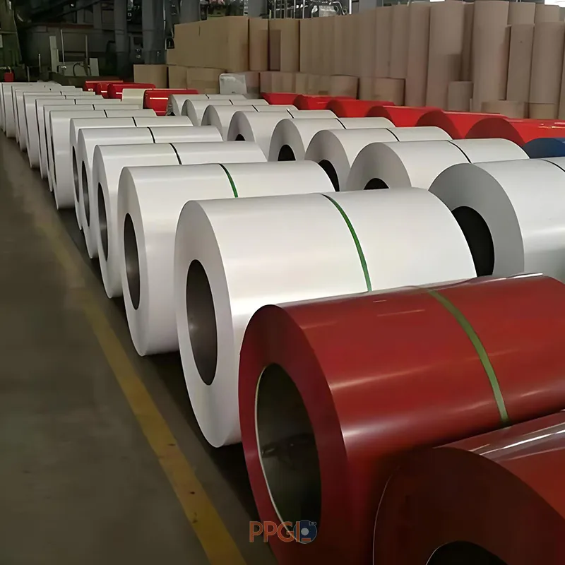 Ral color PPGI steel coils neatly arranged in factory stockyard