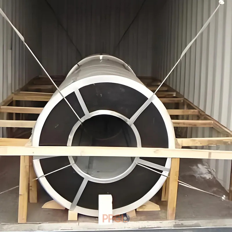 Heavy duty PPGI steel coil secured with wooden frame inside shipping container