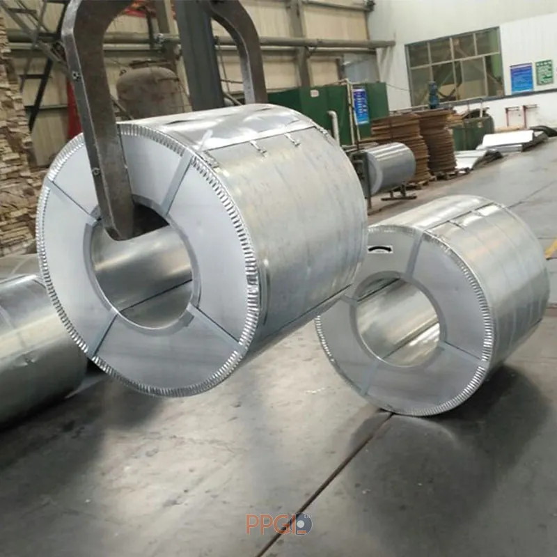 Galvanized ppgi steel coils vertical packaging and crane lifting in factory