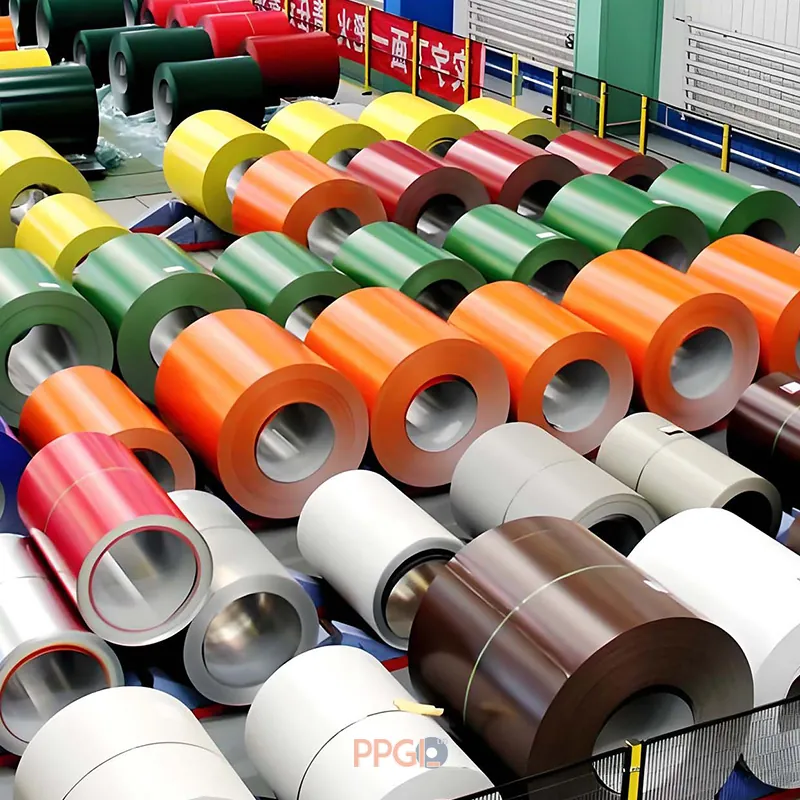 Multi color PPGI steel coils stacked in steel factory warehouse