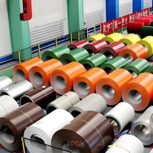 Large inventory of colorful PPGI & PPGL Steel Coils stored in factory warehouse