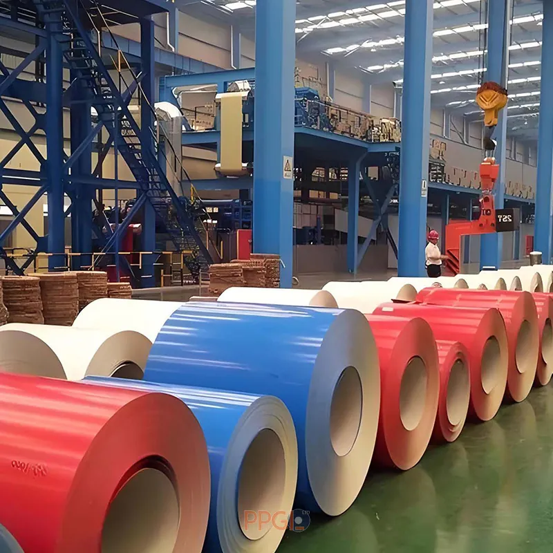 Prime prepainted galvanized steel coils lined up in production workshop
