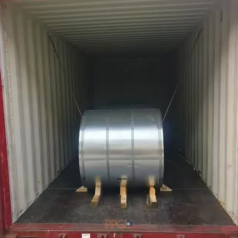PPGI LTD printed steel coils secured with heavy duty wire lashing inside container