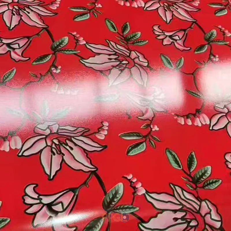 Red background pink lily flower pattern printed PPGI steel coil