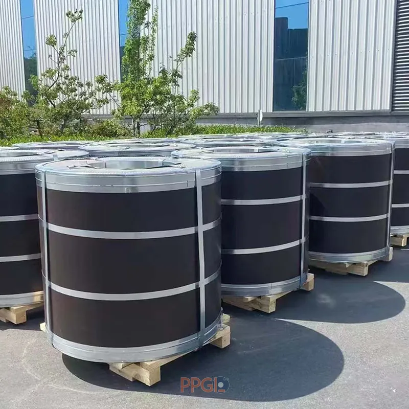 PPGI LTD vertical seaworthy packaging steel coils on wooden pallets outdoors