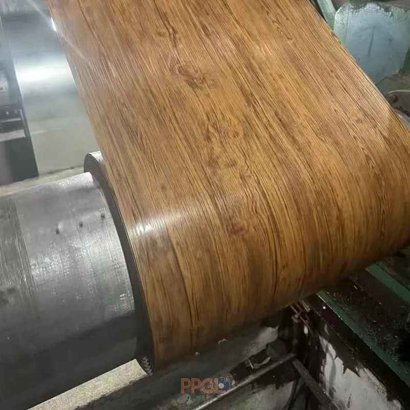 Wood grain printed ppgi steel coil coiling on production line machine