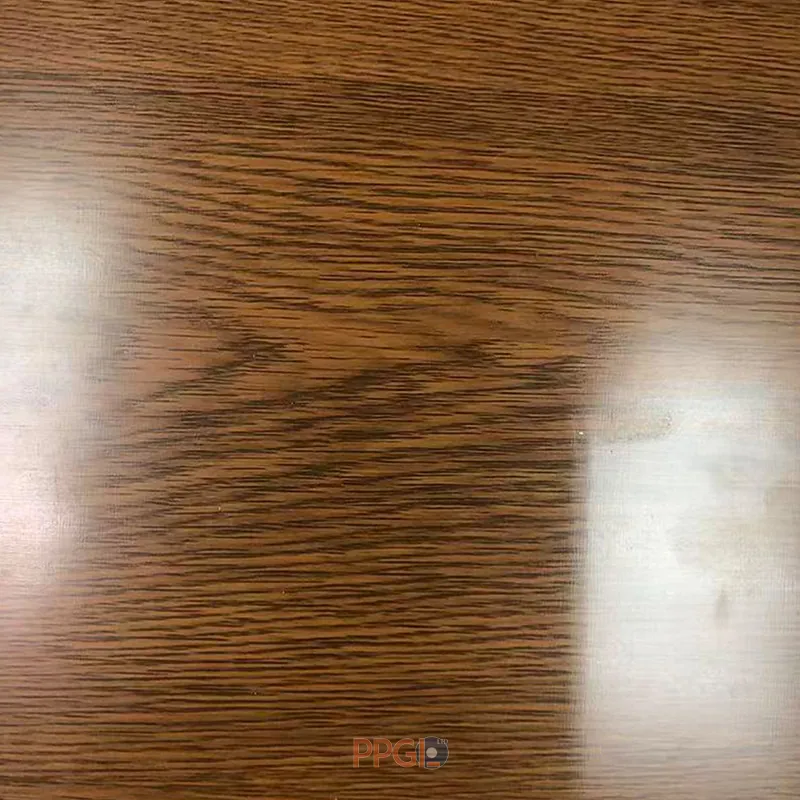 Dark brown wood grain printed steel sheet surface close up texture
