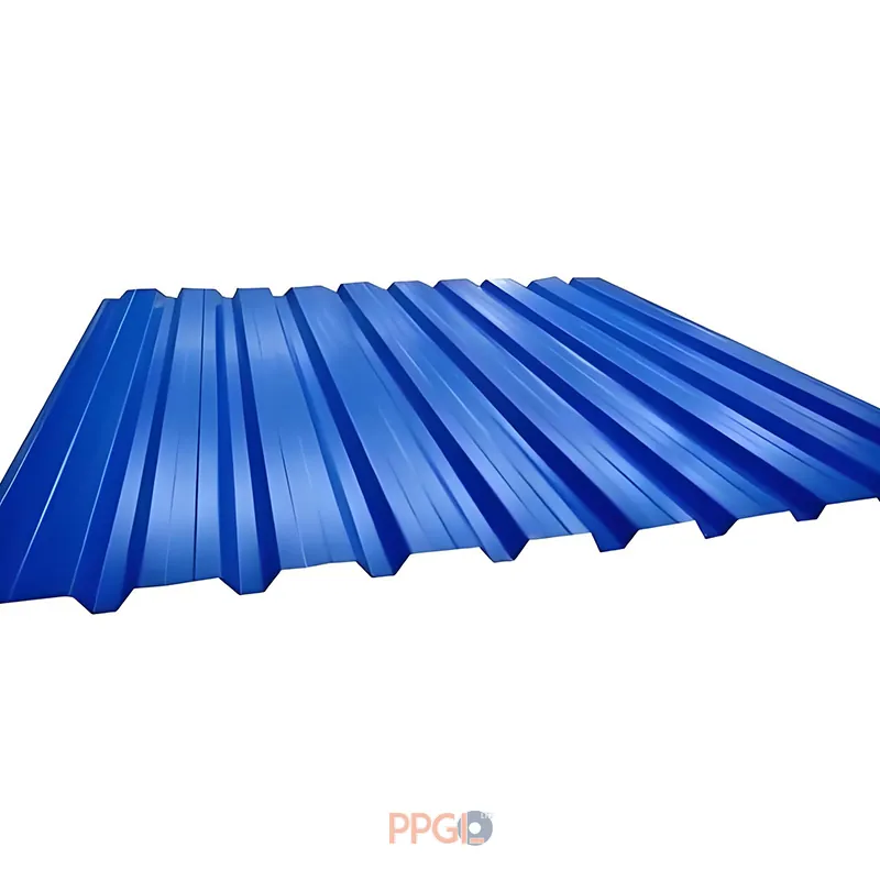 Blue PPGI trapezoidal profile steel roofing sheet panel isolated on white background