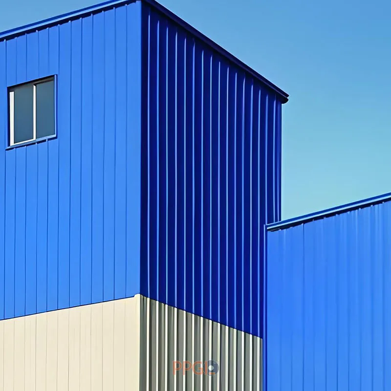 Blue and white color coated trapezoidal steel profile wall cladding panels on industrial building