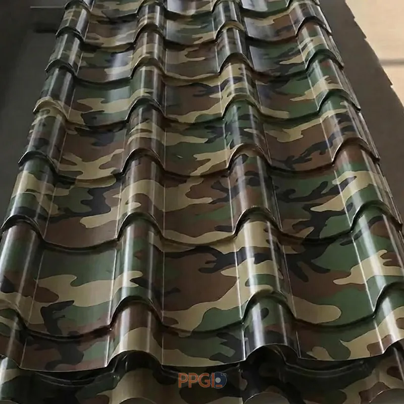 Camouflage printed pattern step tile glazed roofing sheet samples stacked