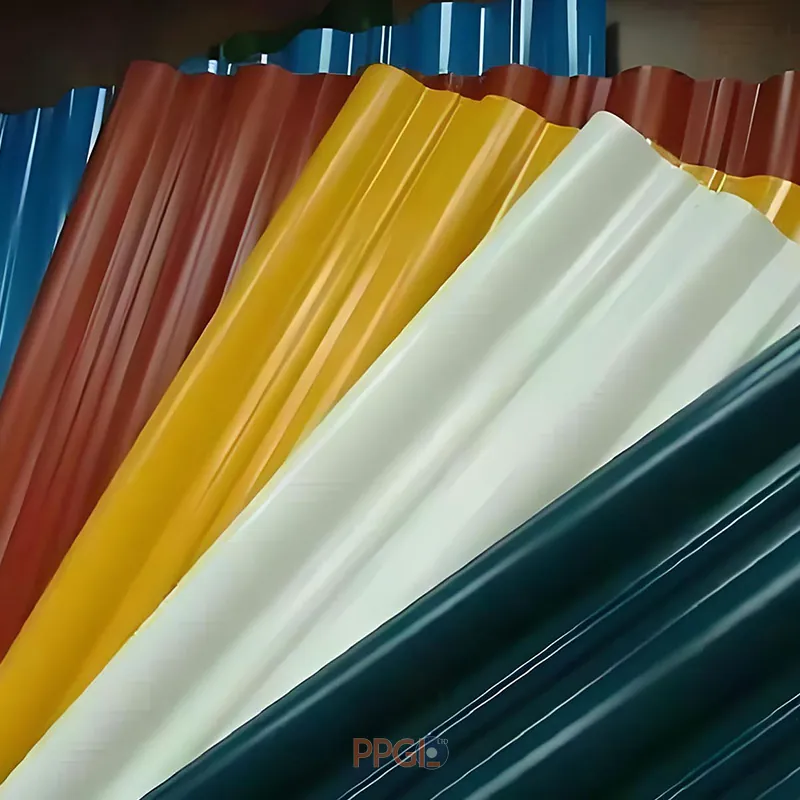 Multi color coated aluminum corrugated roofing sheets stacked in fan shape