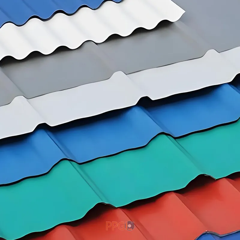 Multi color coated PPGI corrugated roofing sheet samples stacked together