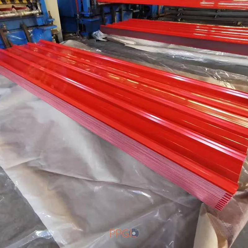 Inner plastic film moisture barrier wrapping for color coated corrugated roofing sheet