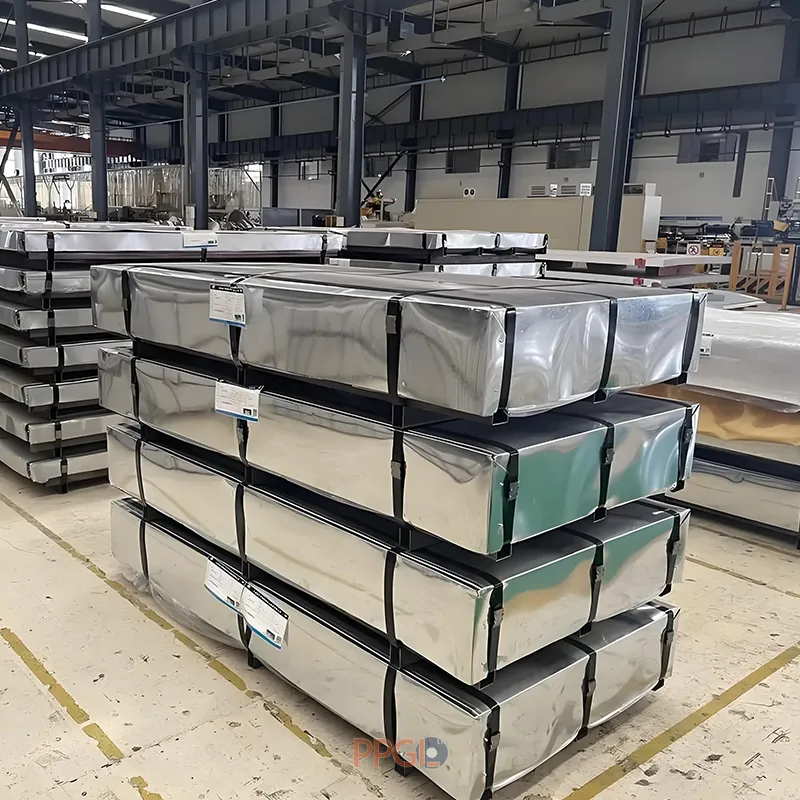 Standard seaworthy packaging for corrugated steel roofing sheets in factory warehouse