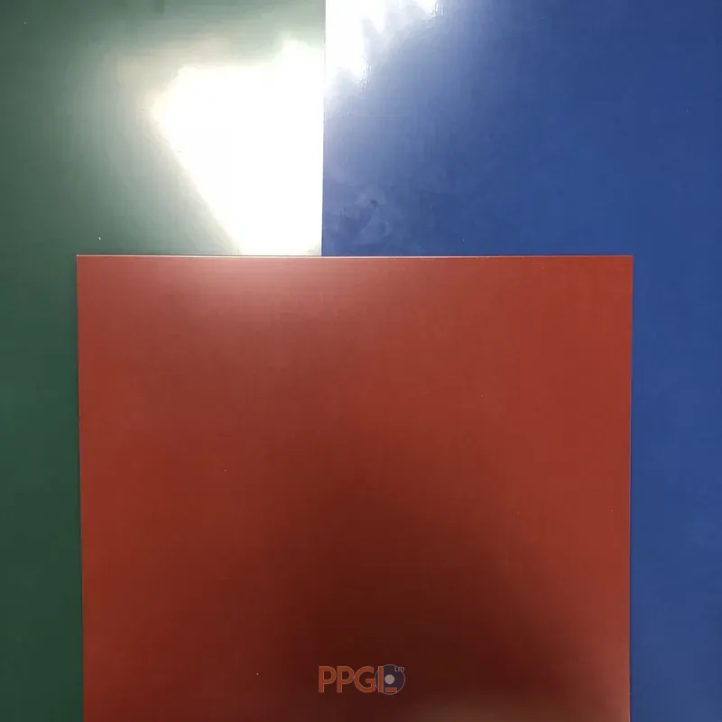 Color-coated steel samples arranged for customer color comparison