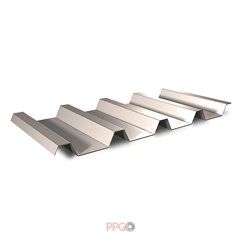 Stacked corrugated galvalume steel roofing sheets in factory