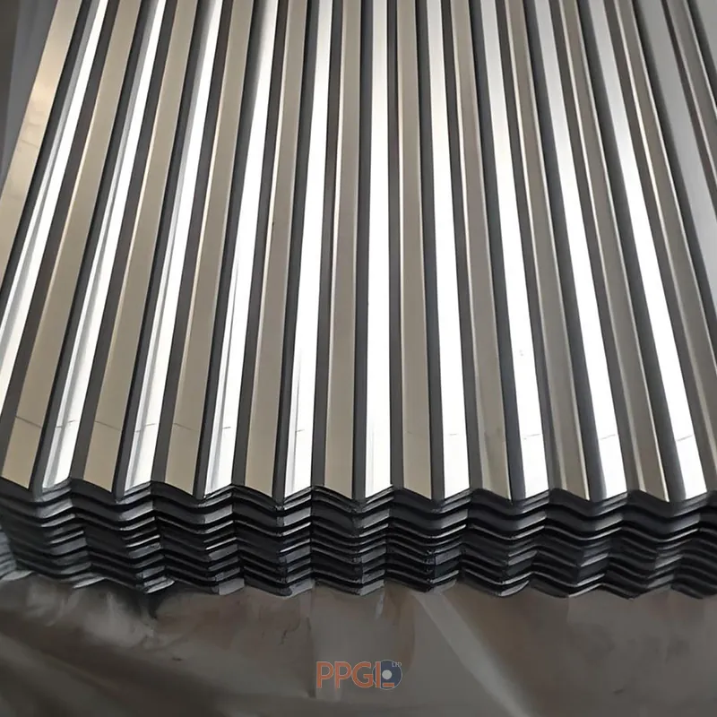 Stacked galvalume corrugated steel roofing sheets close-up
