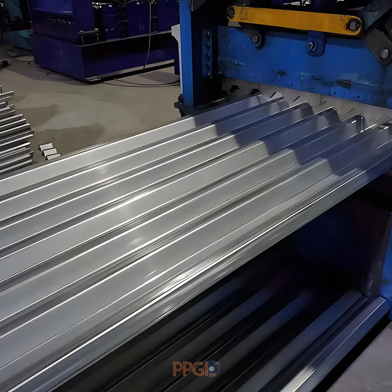 Galvalume corrugated steel sheet coming out of roll forming machine
