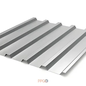 Unpainted galvalume steel trapezoidal roofing sheet panel close up
