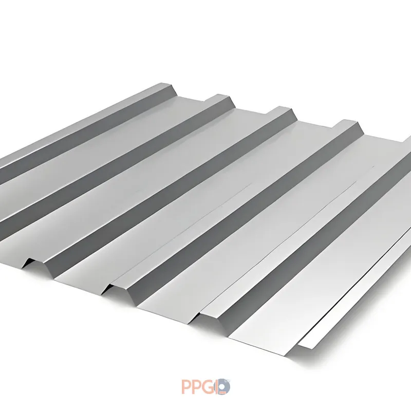Unpainted galvalume steel trapezoidal roofing sheet panel close up