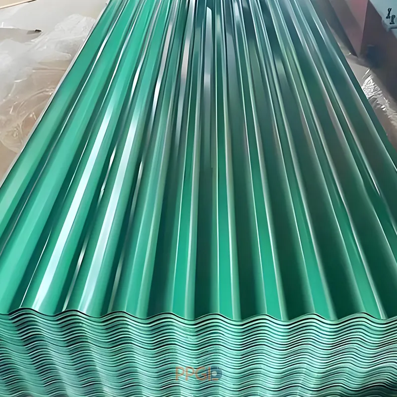 Green prepainted corrugated steel roofing sheets stacked in workshop