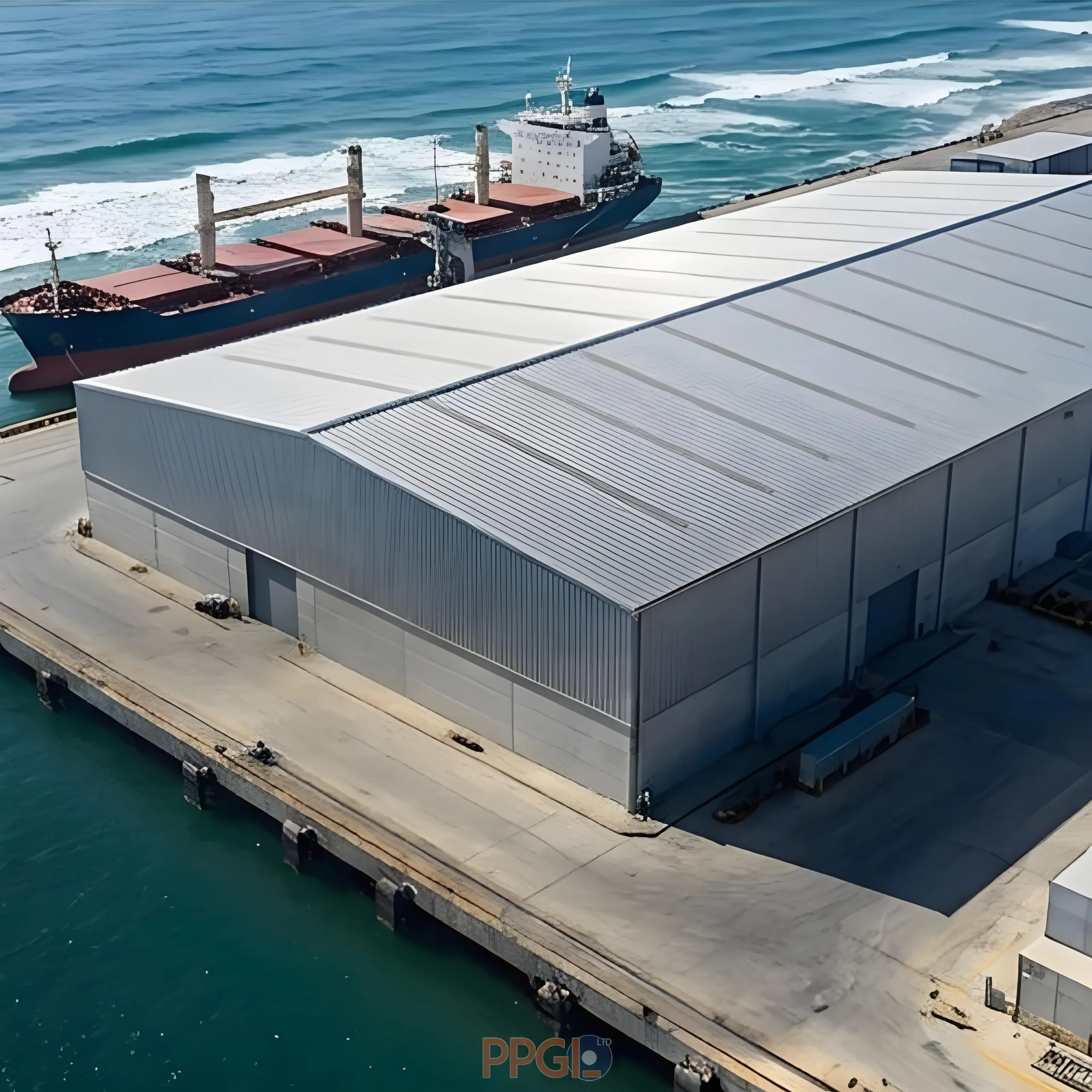 Large industrial warehouse building with corrugated metal roofing sheet near port