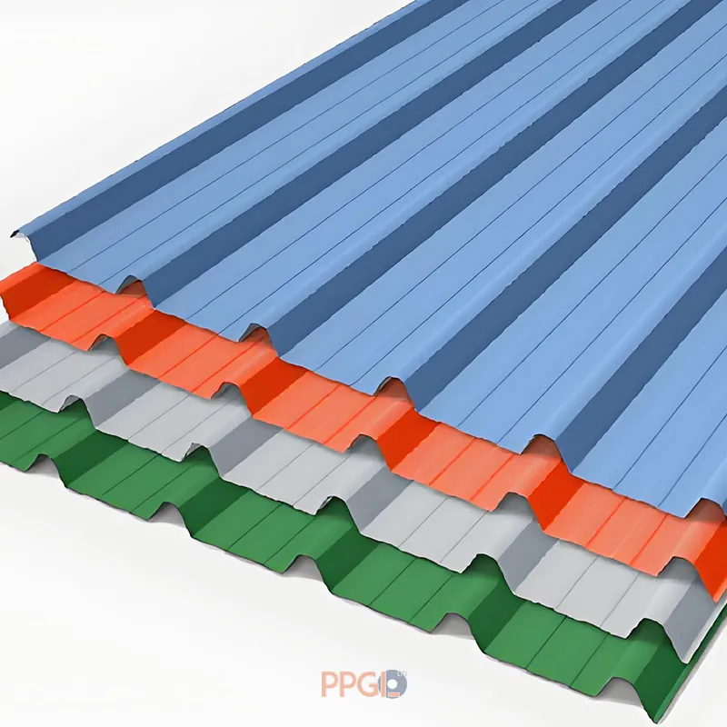 Blue red gray and green color coated trapezoidal roofing sheets stacked together