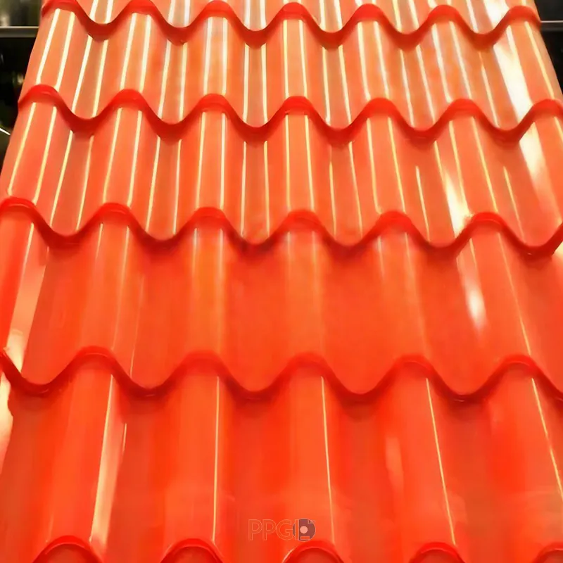 Bright orange color coated aluminum step tile glazed roofing sheet panel close up