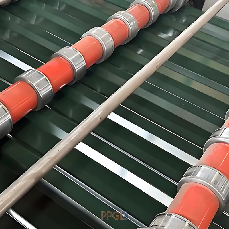 Green PPGI corrugated roofing sheet during roll forming production process