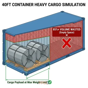 Diagram demonstrating 40ft container space waste for heavy steel coil freight due to weight limits.
