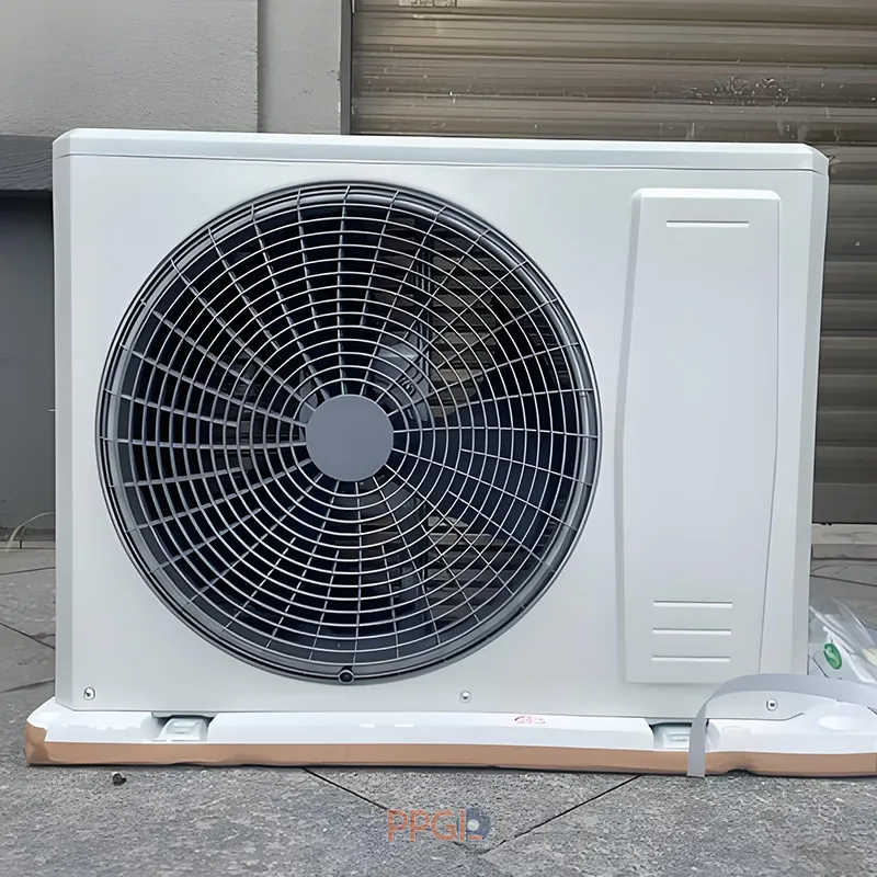 Outdoor air conditioner unit casing using weather-resistant PCM steel sheet.