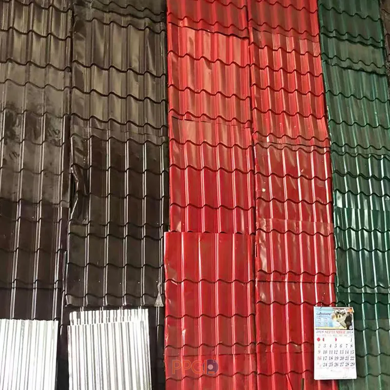 Colored PPGI step tile glazed roofing sheets displayed vertically