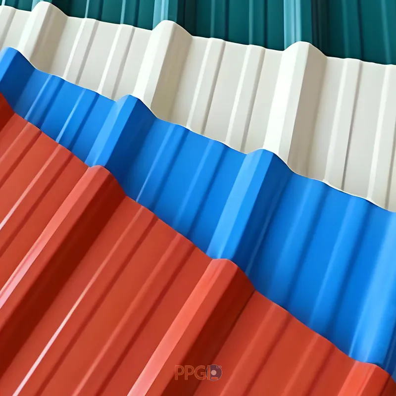 Multi color PPGI IBR trapezoidal roofing sheets layered in stack