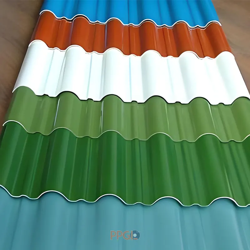 Multi color PPGL corrugated roofing sheet samples stacked in order